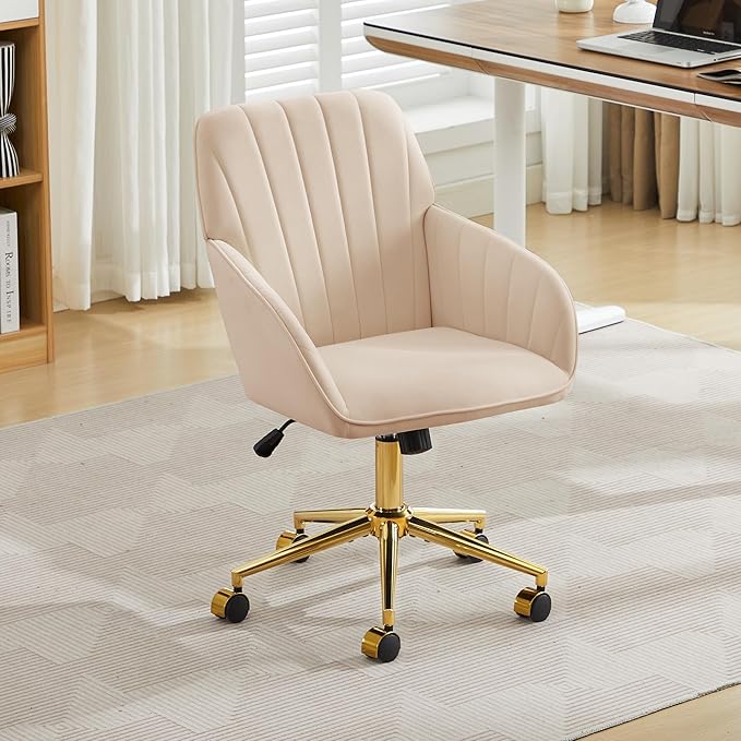 YITAI Velvet Office Desk Armchairs with Gold Base and Wheels,Modern Height Adjustable 360 Degree Swivel Upholstered Vanity Chairs for Living/Room Bedroom/Study,Khaki