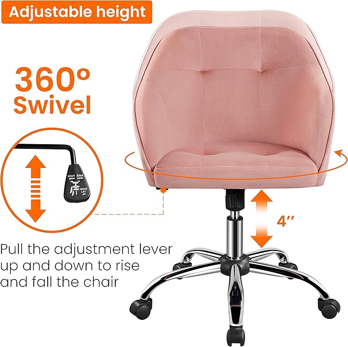 Yaheetech Pink Office Chair Small Cute Vanity Chair with Back Wheels Velvet Swivel Rolling Desk Computer Armchair for Bedroom Living Room