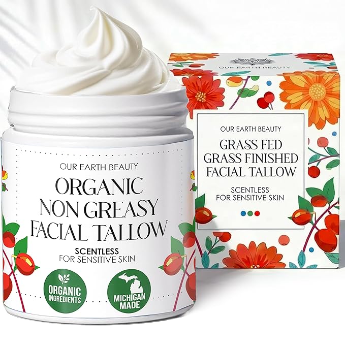 Organic Beef Tallow Face Cream Moisturizer for Skin Unscented | Grass Fed Finished Whipped Balm for Dry, Fine Line, Mature, and Sensitive-leaning Skin Types | Made in USA (2 Fl Oz Ounce)