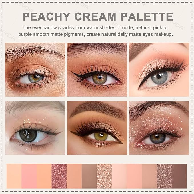 KYDA 12 Colors Peachy Cream Eyeshadow Palette with Brush, High Pigment Matte Shimmer Nude Eye Shadow, Netural Eyes Palette for Women, Soft Blendable Powder Eyeshadow, Korean Eyes Makeup