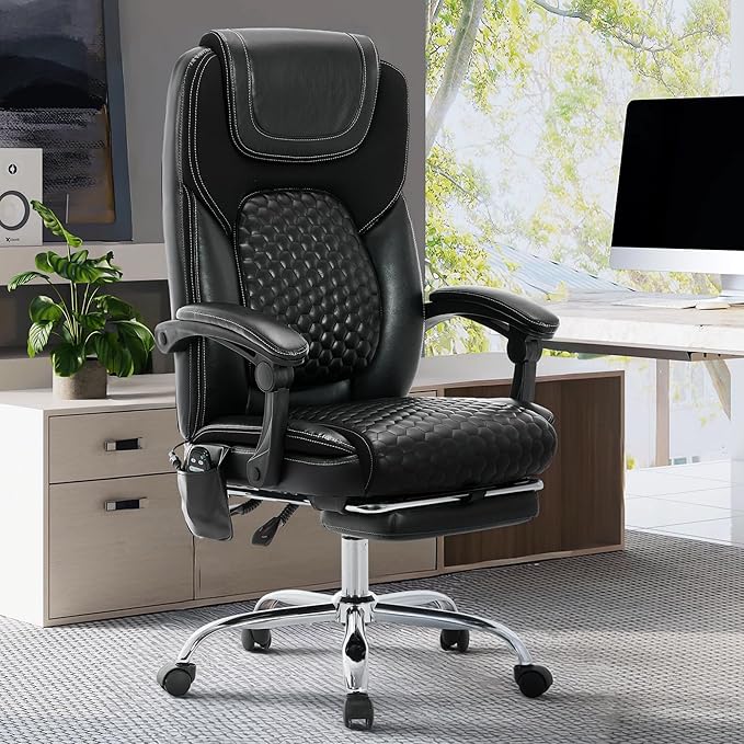 Massage Office Chair with 3-Level Heat and Footrest – 20-Min Easy Assembly, 300 lbs Big and Tall Reclining Desk Chair, PU Leather Ergonomic Executive Computer Chair with Side Pocket, Black