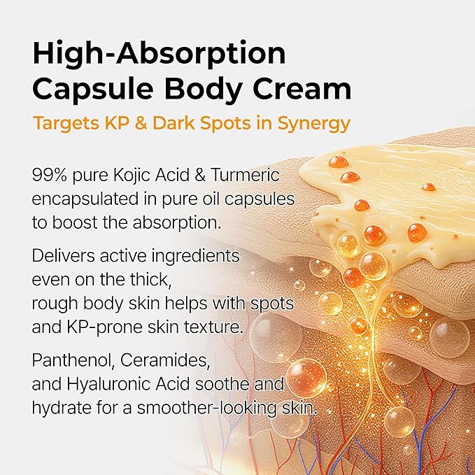 Dr.Melaxin Kojic Acid Turmeric Capsule Body Cream, Brightening Body Moisturizer for Dark Spots and Uneven Skin Tone, with Ceramides & Hyaluronic Acid, 200g
