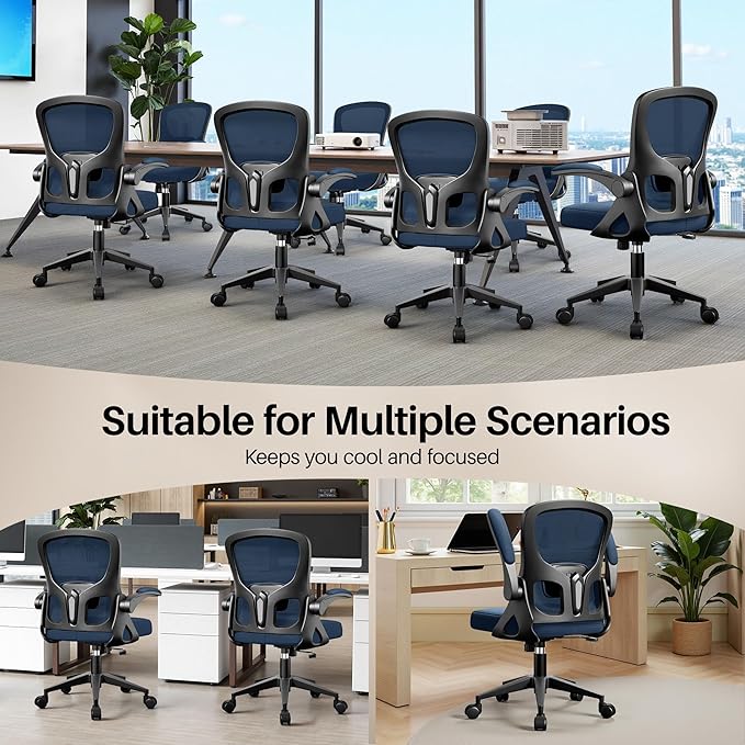 Office Chair Ergonomic Desk Chair, Adjustable Lumbar Support Rolling Swivel Comfy Chair with Space-Saving Flip Up Armrests, Mesh Gaming Chair for Business Work Office & Home,Blue 6pcs
