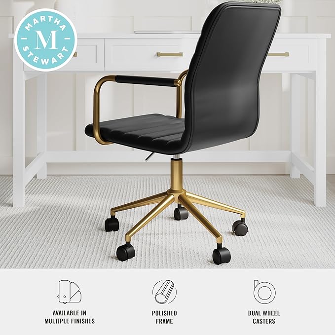 Martha Stewart Taytum Swivel Task Chair with Armrests for Home Office in Black Faux Leather with Polished Brass Frame