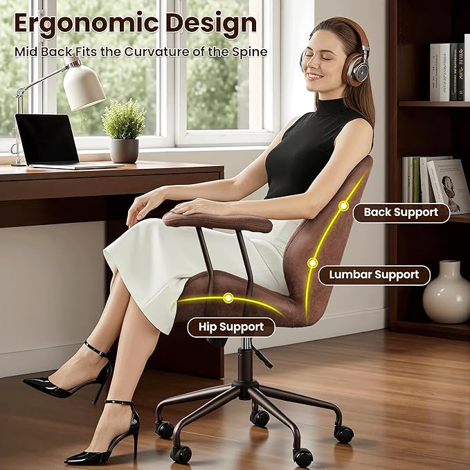 ovios Ergonomic Office Chair, Mid Back Faux Leather Executive Chairs with Armrests, Comfy Mid-Century Modern Swivel Rolling Computer Armchair (Dark Brown, Suede Leather)