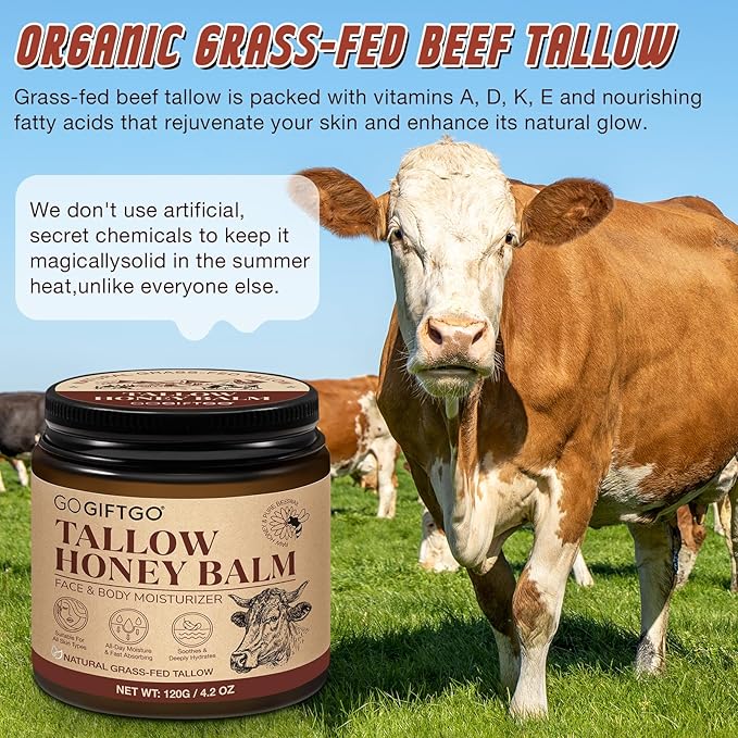 Beef Tallow for Skin,Beef Tallow for Face,Beef Tallow and Honey Balm,Grass Fed Whipped Tallow Honey Balm,Natural Moisturizer Hydrates,Deeply Nourishes the Skin, Enhances Natural Radiance