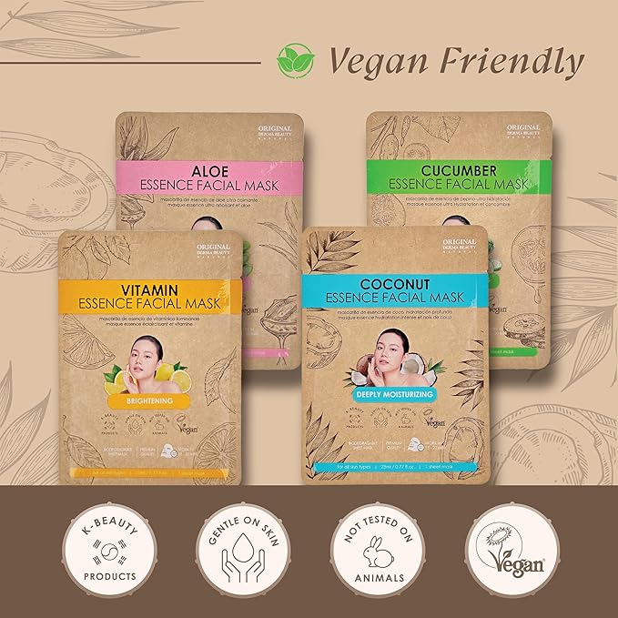 36 PK Vegan Face Masks for Skincare - Coconut, Aloe, Vitamin, Cucumber Facial Sheet Mask Korean Skin Care (36PK Cucumber)