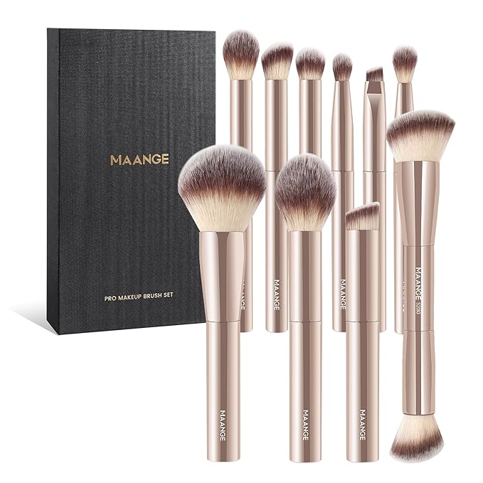 10 Pcs MAANGE Travel Makeup Brush Set with Magnetic case, Premium Synthetic Short Handle Brushes for Foundation, Powder, Concealer, Eye Shadows, Makeup Brush Tools Set(Champagne)
