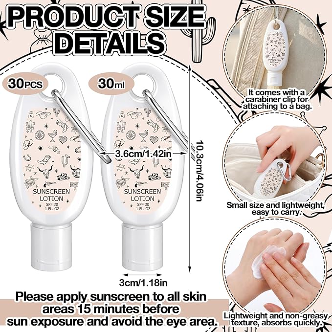 Leelosp 30 Pcs Mini Sunscreen with Carabiner Bulk Travel Size 1 Fl oz Water Resistant Spf 30 Sunblock Lotion Party Favors for Guests Western Cowboy Rodeo Cowgirl Birthday Bachelorette Gifts