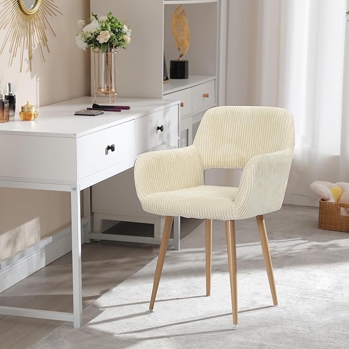 KCC Small Modern Dining Room Arm Chairs Set of 2, Mid-Century Upholstered Corduroy Fabric Side Seat Club Guest with Metal Tube Legs for Kitchen, Living Room, Beige