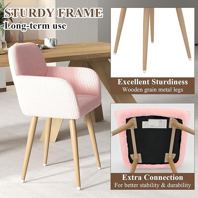 Home Office Desk Chair Set of 2, Corduroy Fabric Vanity Chair for Makeup with Hollow Backrest, Comfy Armchair Wood Frame with Strudy Metal Legs, Pink