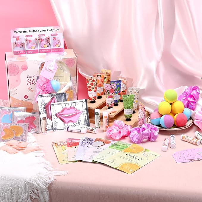 120 PCS Spa Party Supplies for Women, Spa Party Favors Include Face Masks Skincare, Hand Cream, Lip Balm, Under Eye Patches, Lip Mask and Foot Bath Bombs, Spa Birthday Sleepover Party Supplies