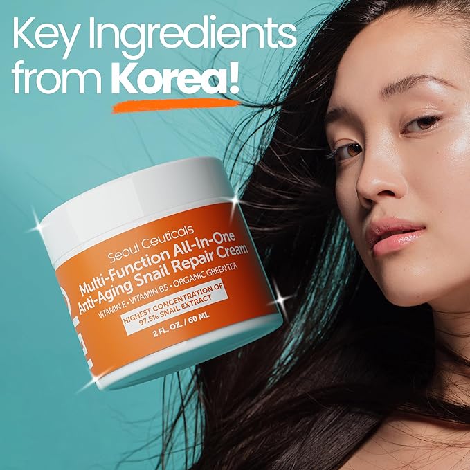 SeoulCeuticals Snail Mucin Moisturizer 97.5% - Korean Skin Care Snail Repair Cream - Day & Night Anti Aging K Beauty Skincare Cruelty Free 2oz