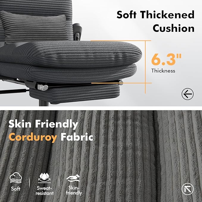 Criss Cross Chair with Flip-up Arms, Executive Office Chair with Foot Rest, Swivel Cross Legged Office Chair with Lumbar Pillow&Headrest, Corduroy Comfy Computer Desk Chair for Home, Black