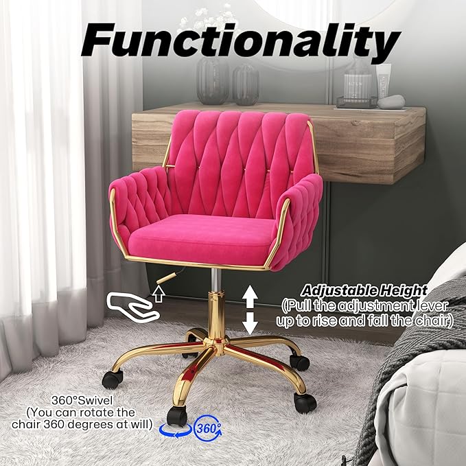Woven 360°Swivel Desk Chair, Velvet Height Adjustable Home Office Armchair with Golden Base for Teens Women Girls, Upholstery Computer Chair for Home Studios and Office, Woven & Hot Pink