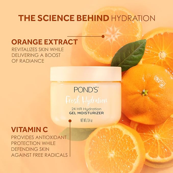 POND'S Fresh Hydration Gel Moisturizer 24 HR Hydration with Orange Extract & Vitamin C Alcohol & Oil-Free Face Moisturizer Dermatologist Tested, 3.4 oz, (Pack of 2)