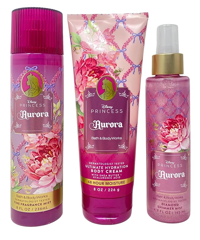 Bath & Body Works Limited Edition Princess Collection Aurora Fine Fragrance Mist, Ultimate Hydration Body Cream and Diamond Shimmer Mist with a Wild Jasmine Bar Soap