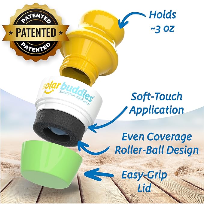 Solar Buddies Grab & Go Travel Bundle, Carabina Clip & Cleaning Brush - Single Green - Refillable Roll on Sponge Sunscreen, Suncream & Lotion Applicator For Kids, Adults & Families - Holds 100ml