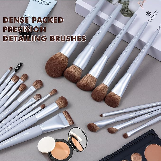 LORYP Makeup Brush Set Soft Vegan Professional Cosmetic Brushes for Face & Eyes Gray 20 Pcs Full-Size