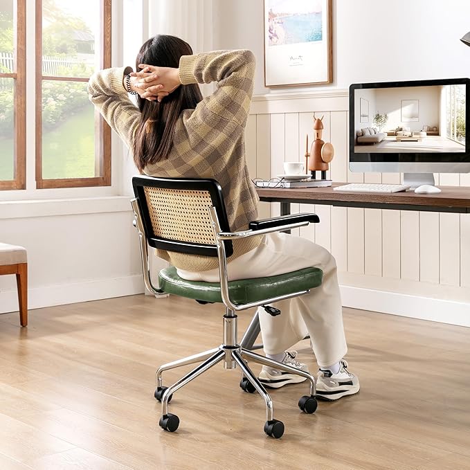 Zesthouse Modern Home Office Chair Leather Desk Chair with Rattan Back, Vanity Chair for Girls Women, Upholstered Tufted Swivel Armchair for Bedroom, Height Adjustable Computer Task Chair