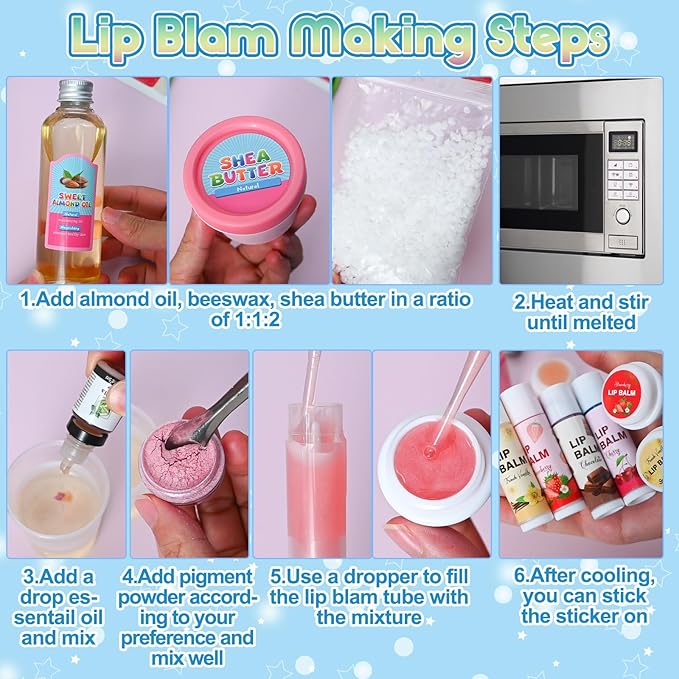 JUYRLE DIY Lip Balm Kit - Make Your Own Natural Beeswax Lip Balm with Containers, Moisturizing Base, Perfect for Kids and Adults