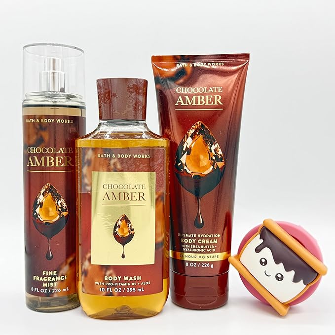 Bath & Body Works Chocolate Amber 4-Piece Gift Set | Includes: Fine Fragrance Mist, Body Wash, Ultimate Hydration Body Cream and S'mores Scentportable Car Visor Clip