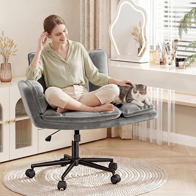 Criss Cross Chair with Wheels, Ergonomic Office Chair with Adjustable Armrests, Vanity Chair with Back for Bedroom, Makeup Room and Office Room, Gray