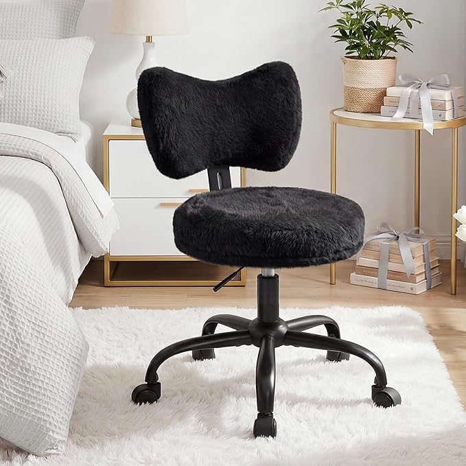 Vanity Chair with Wheels, Cute Desk Chair with Bow Backrest, Fluffy Faux Rabbit Fur Small Office Chair for Vanity, Make-up Room, Bedroom, Dorm, Height Adjustable, Black