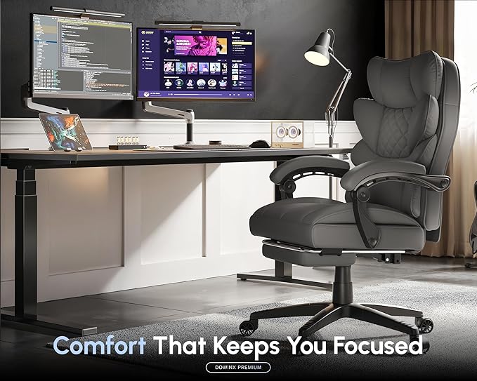 Dowinx Big and Tall Office Chair with Pocket Spring Cushion,High Back Computer Gaming Chairs with Linkage Armrests,Executive Desk Chairs with Footrest,PU Leather-Grey