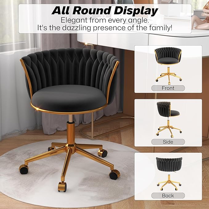 Velvet Woven Home Office Chair, Modern Swivel Desk Chair with Wheels, Height Adjustable Vanity Chair with Gold Metal Base and Hand Weaving Back for Bedroom Study Small Space, Black