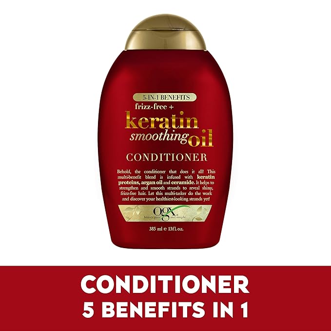 OGX Frizz-Free + Keratin Smoothing Oil Conditioner, 5 in 1, for Frizzy Hair, Shiny Hair, RED, 385 ml (Pack of 2)