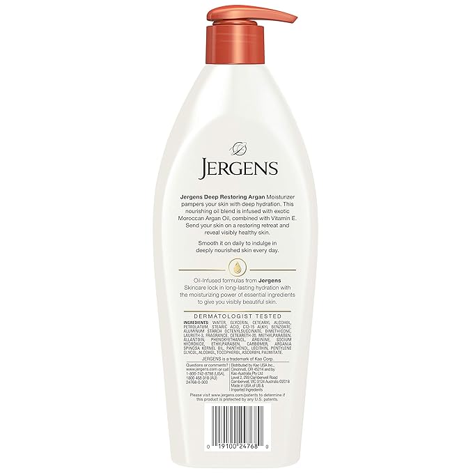 Jergens Deep Restoring Argan Oil Moisturizer, Soothing Body and Hand Lotion, with Reviving Argan_Oil and Vitamin E, Oil-Infused, Dermatologist Tested, 16.8 oz (Pack of 2)
