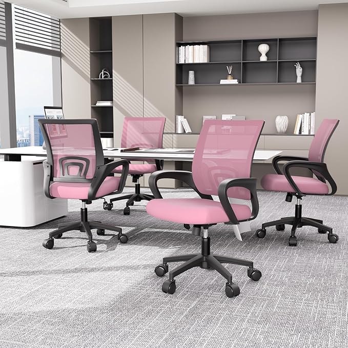 Magshion Ergonomic Office Chair 20 Pack, Mid-Back Mesh Desk Chair, Adjustable Swivel Computer Chair with Lumbar Support & Breathable Backrest for Gaming, Work, Study, 300 Lbs Capacity, Pink