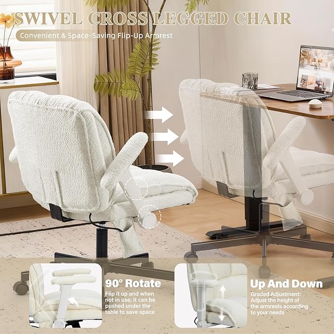 Criss Cross Legged Office Chair with Flip-Up Arms and Wheels, Wide Seat Desk Chair with Built-In Dynamic Airbag Lumbar Support, Modern Cross-Leg Chair for Home Office, Apartment, Vanity, Beige