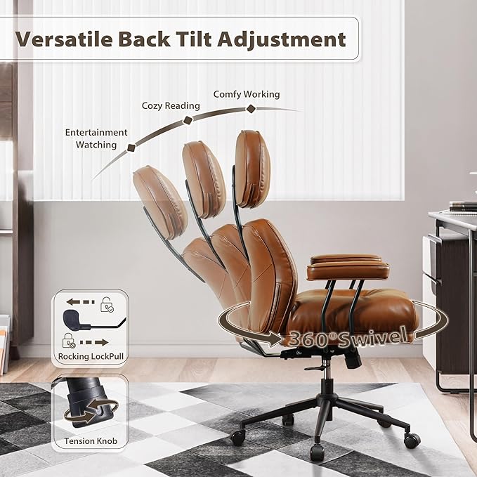HOOOWOOO Ergonomic Office Chair,Mid Century Modern Computer Desk Chair,Comfy Executive Chair with Extra Wide Tufted Cloudy Seat Lumbar Support High Reclining Back,PU Leather Brown