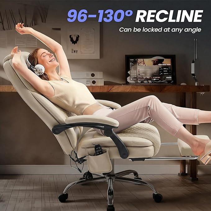 Massage Office Chair with 3-Level Heat and Footrest – 20-Min Easy Assembly, 300 lbs Big and Tall Reclining Desk Chair, PU Leather Ergonomic Executive Computer Chair with Side Pocket, Beige