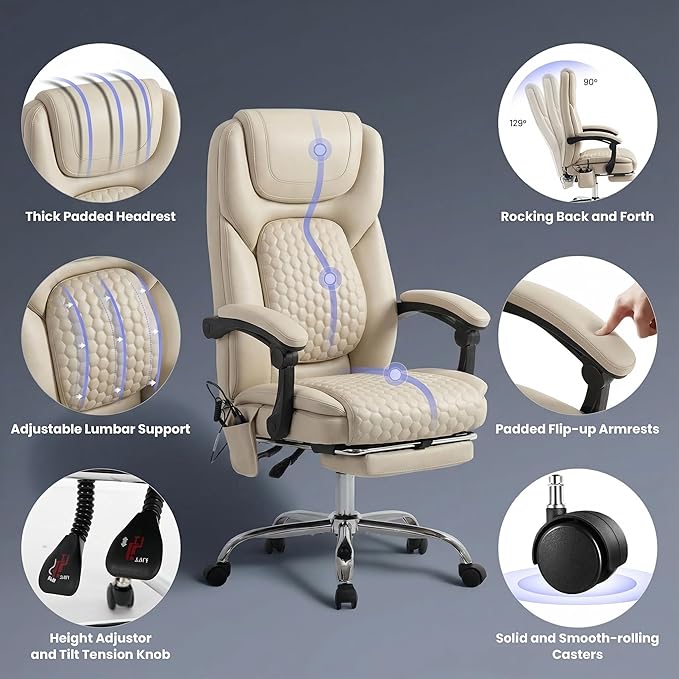 Massage Office Chair Set of 2 with 3-Level Heat and Footrest – 20-Min Easy Assembly, 300 lbs Big and Tall Desk Chair, PU Leather Ergonomic Executive Computer Chair with Side Pocket, Beige