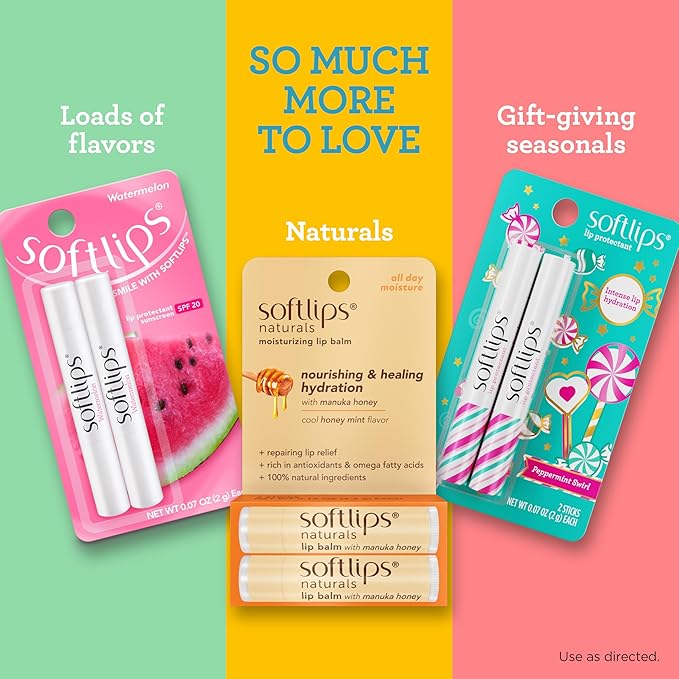 Softlips Daily Lip Moisturizer For Very Dry Lips, Multi-Flavored Lip Balms, Hydrates, Soothes & Prevents Dry, Chapped Lips, Smooth Glide Formula, Dermatologist Tested, Pack of 3 Chap Sticks