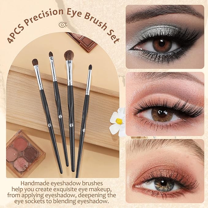 ENERGY Eye Makeup Brush Set 4PCS Professional Eyeshadow Blending Brushes Kit for Eyes Liquid Cream Powder Makeup Up Soft Fluffy Natural Goat Hair for Shader,Smudge,Crease Applicator with Travel Cover