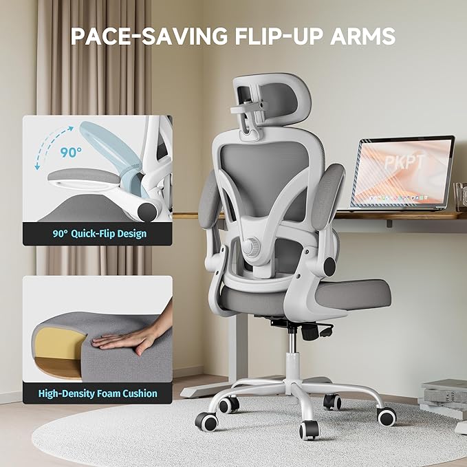 Ergonomic Office Chair, 330LBS Desk Chair with 3-Level Lumbar Support & Headrest, Breathable Mesh Backrest, Flip-Up Armrests for Home Office and Gaming, White and Gray