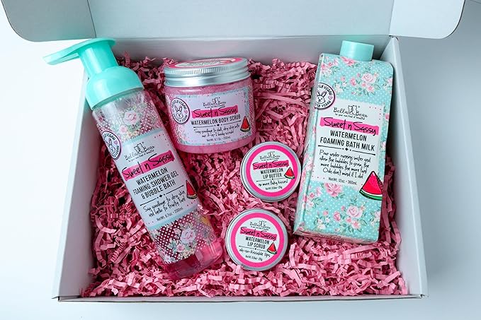 Bella & Bear Sweet 'n' Sassy Watermelon Mega Bath & Body Gift Set with Foaming Shower Gel & Bubble Bath, Bath Milk, Body Scrub & Lip Scrub and Lip Butter Great Gifts for Women