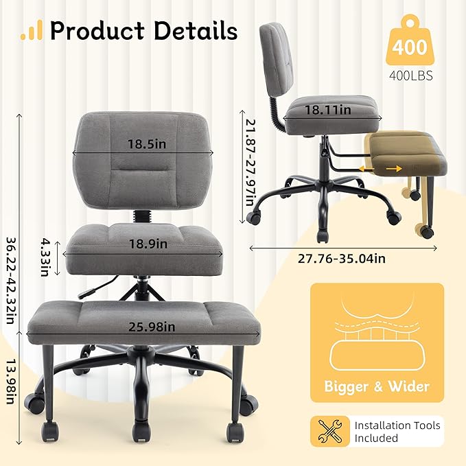 Criss Cross Legged Office Chair with Wheels,Swivel Meditation Chair for ADHD,Ergonomic Desk Chair with Thicken Adjustable Footstool,Fabric Sitting Fidgeting Kneeling Chair for Home Yoga Grey