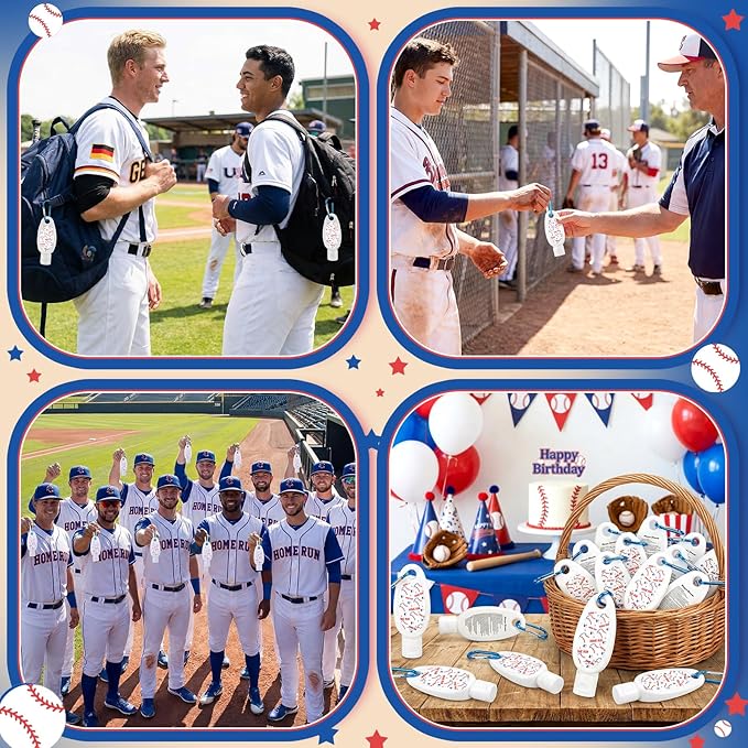 Leelosp 24 Pcs Baseball Team Gift Bulk Mini Sunscreen Travel Size 1oz Sport Party Favor Sunscreen Keychain with Clip Spf 30 Fragrance Free Broad Spectrum Baseball Accessories for Girl