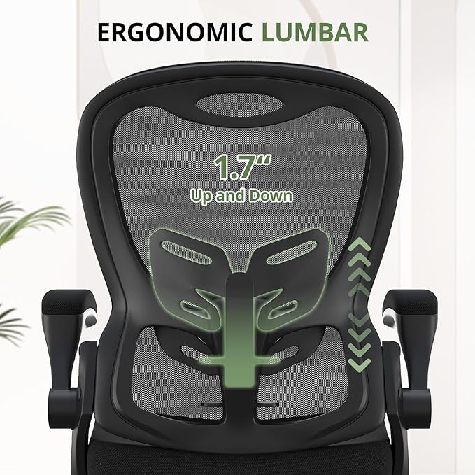 Office Chair 330 lbs Capacity, Ergonomic Breathable Mesh Desk Chair with Lumbar Support & Flip-Up Armrest, High Back Computer Chair for Home Office, Black