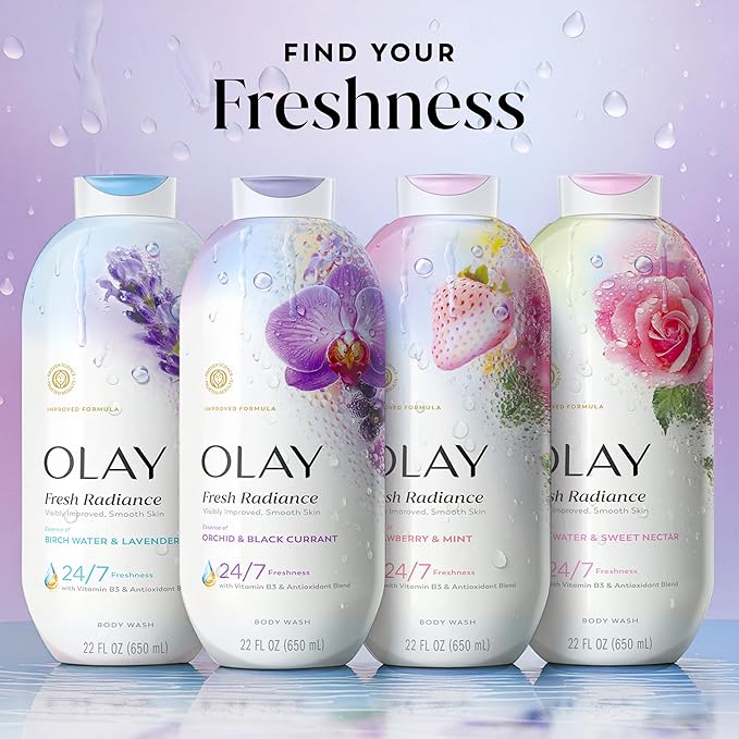 Olay Body Wash for Women, Fresh Radiance, 24/7 Skin-Loving Freshness, Visibly Radiant, Plant Based Cleansers, Vitamin B3 & Antioxidant Blend, For All Skin Types, Orchid & Black Currant Scent, 22 fl oz