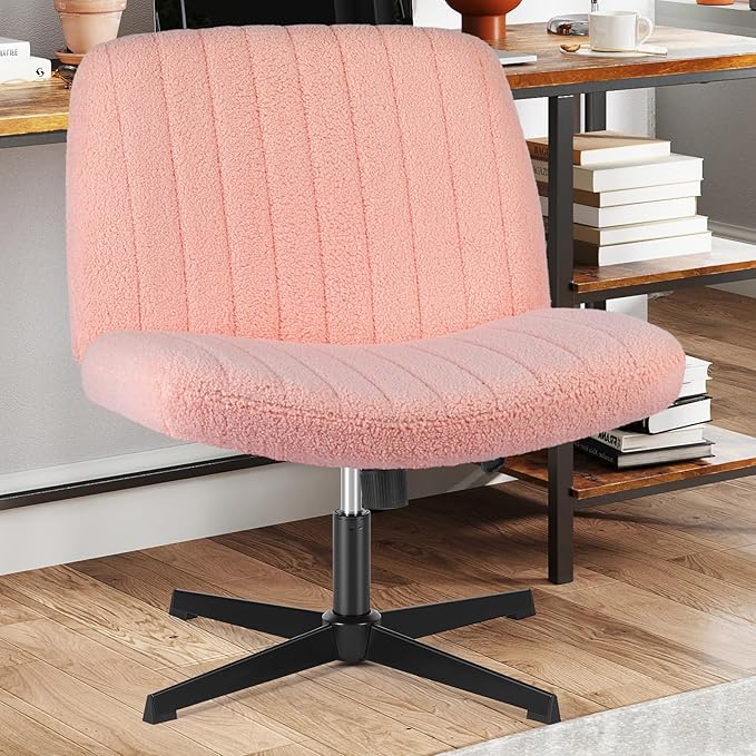 Sweetcrispy Criss Cross Chair Legged, Armless Office Swivel Desk Chair No Wheels, Vanity Height Adjustable Wide Seat Comfy Cute Computer Task Seating for Home Bedroom