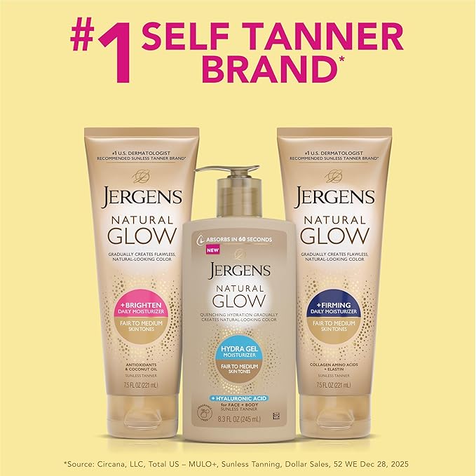 Jergens Natural Glow Hydra Gel Moisturizer, Hyaluronic Acid Tanning Lotion, Hydrating Tanning Gel, Fragrance-Free Self Tanner, Fair to Medium Skin Tones, 8.3 Fl Oz