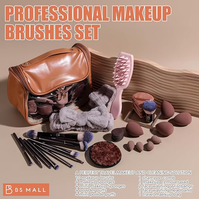 BS-MALL Professional Makeup Brushes Set With Makeup Sponge Set,double-ended Makeup Brush,foundation Brush For Liquid Makeup,kabuki Brush, Shampoo comb And Face Washing Kit,Travel Makeup Bag
