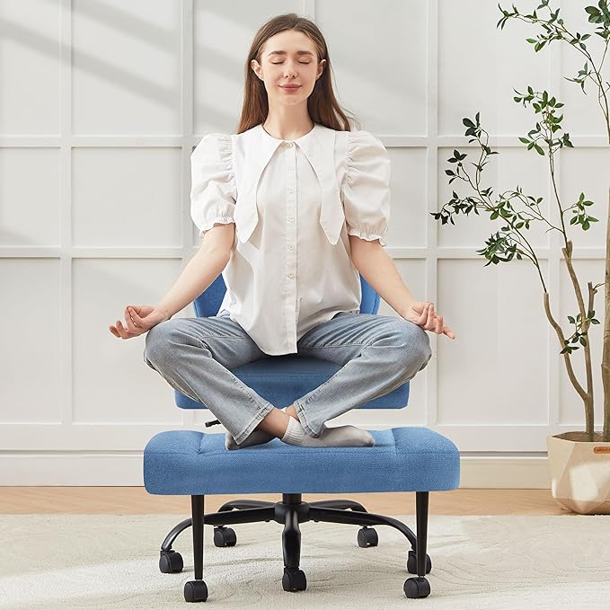 Criss Cross Legged Office Chair with Wheels,Swivel Meditation Chair for ADHD,Ergonomic Desk Chair with Thicken Adjustable Footstool,Fabric Sitting Fidgeting Kneeling Chair for Home Yoga Blue