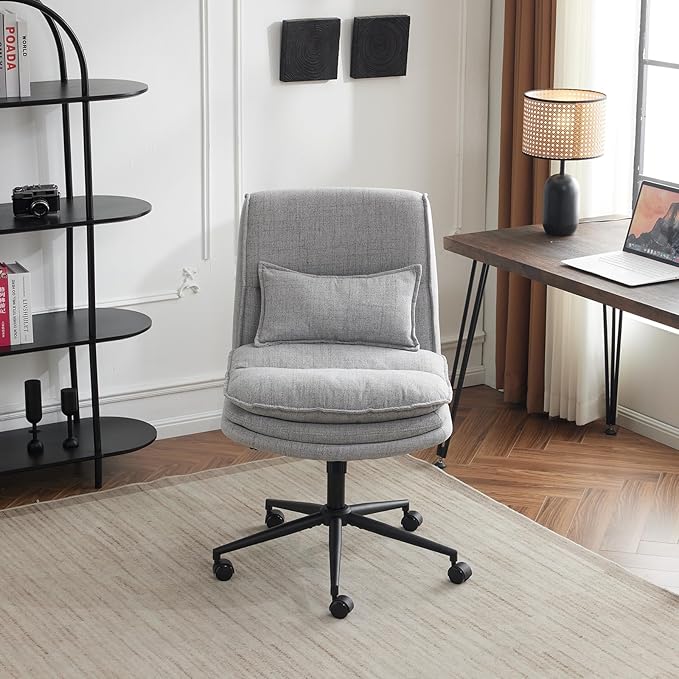 VINGLI Cloud Criss Cross Legged Chair,18" High Back Armless Home Office Desk Chair with Wheels,Wide Adjustable Comfy Padded Seat Task Computer Chair,Modern Swivel Makeup Vanity Chair,Fabric,Grey